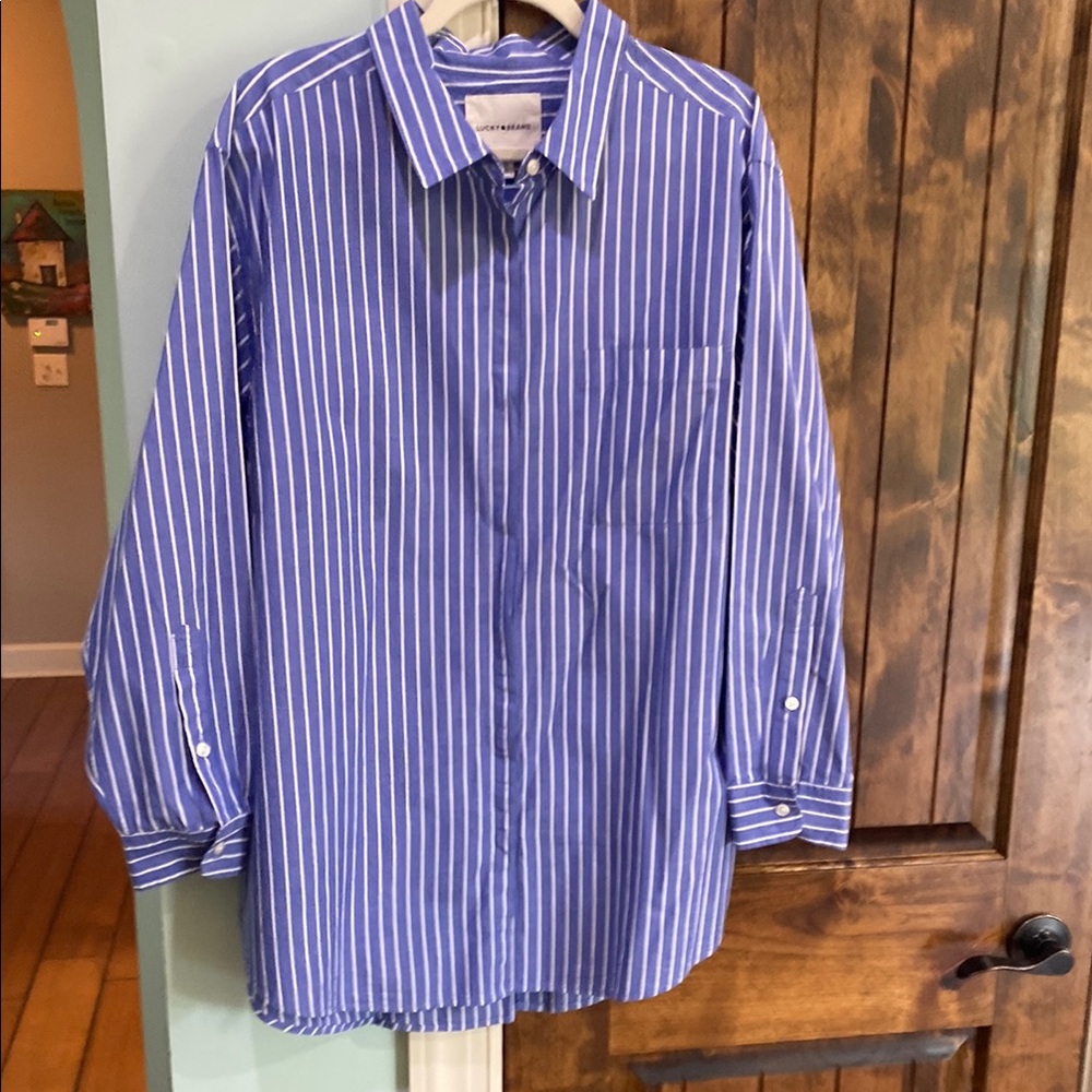 Women’s Lucky Brand Oversized Button Back Blue Striped Shirt. New. No tags. XL